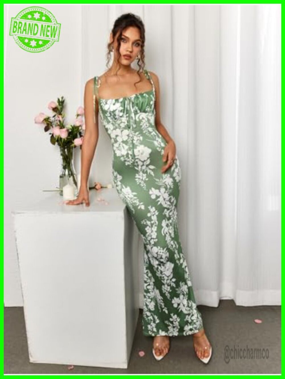 Floral Bodycon Maxi Dress Mermaid Adjustable Straps Stretchy - Picture 2 of 7